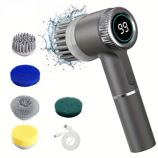 Depurador Giratorio Eléctrico Gris Recargable USB con lla Digital LED y 5 Cabezales de 3 Velocidades Ajustables con PantaLimpieza